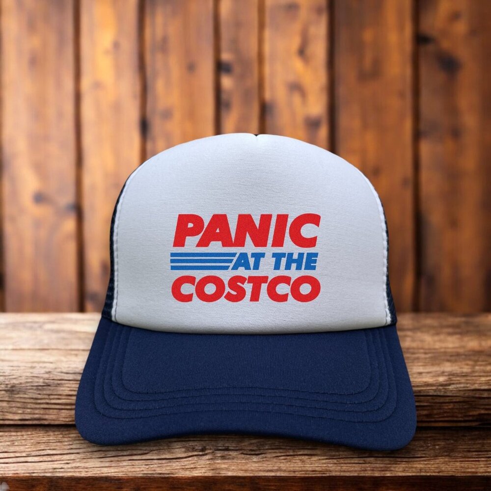 Panic At The Costco Mens Trucker Hat Navy Funny Kirkland Meme Parody Gift Cap